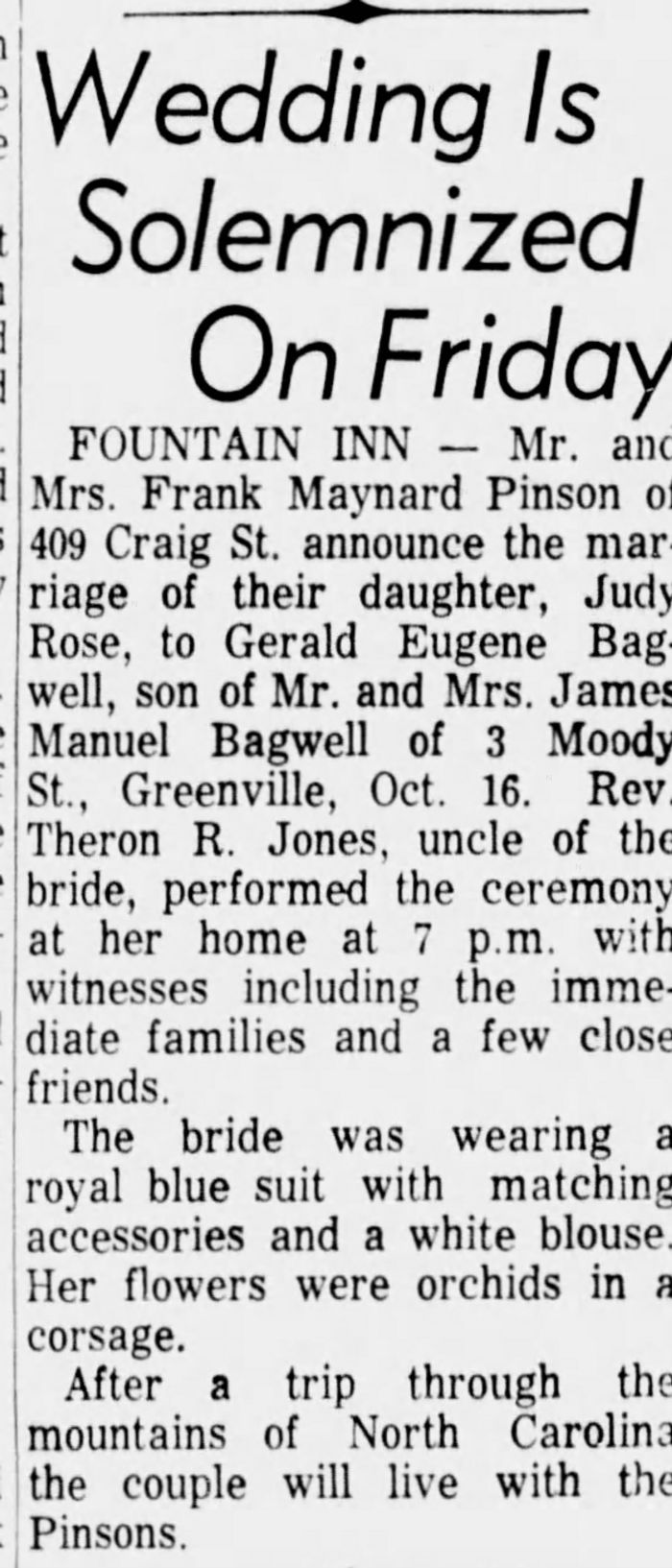 Gerald Eugene Bagwell and Judy Pinson - Marriage Annoucement
The Greenville News - October 22, 1964 - Page 20