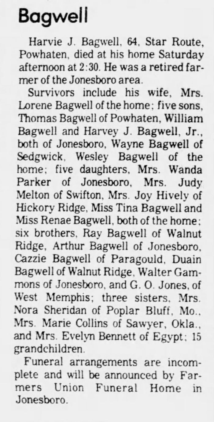 Harvie Jay Bagwell - Obituary
The Sun - March 14, 1976 - Page 10