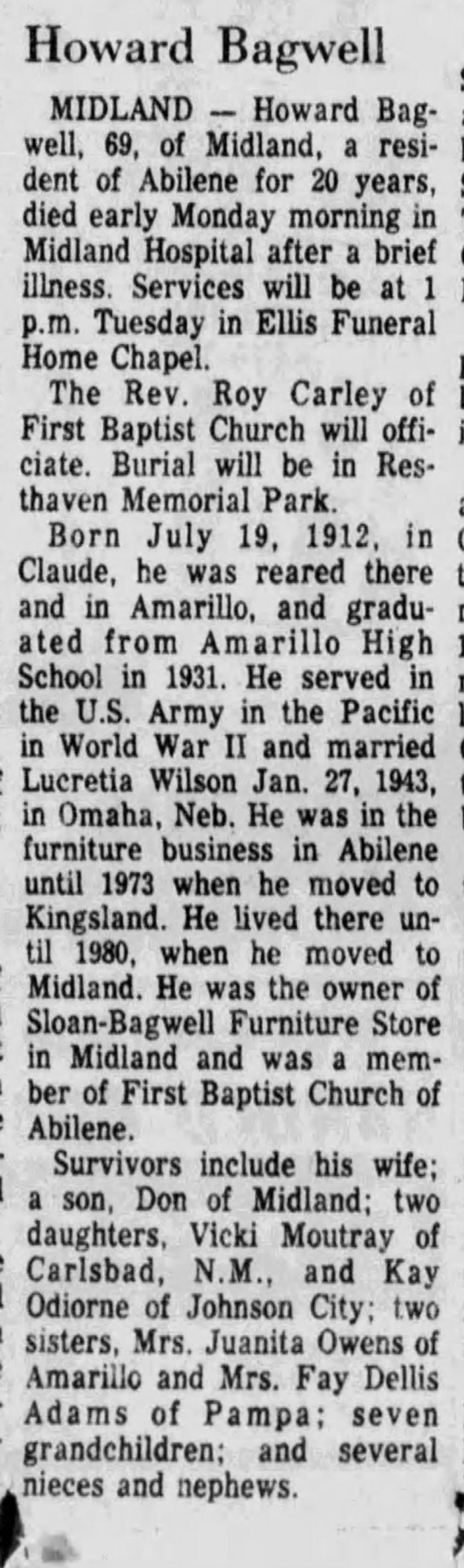 Howard Henry Bagwell - Obituary
Abilene Reporter News - August 11, 1981 - Page 06