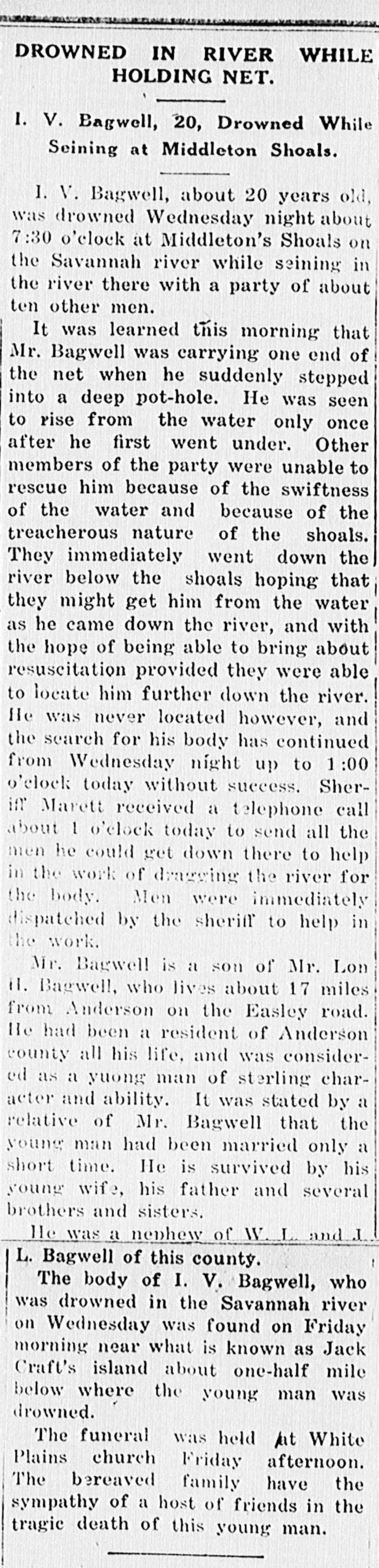 I.V. Bagwell - News / Obituary
The Pickens Sentinel - August 04, 1921 - Page 07