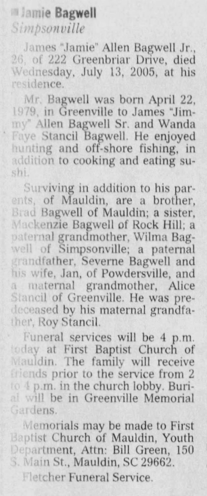James Allen Bagwell - Obituary
The Greenville News - July 17, 2005 - Page 38