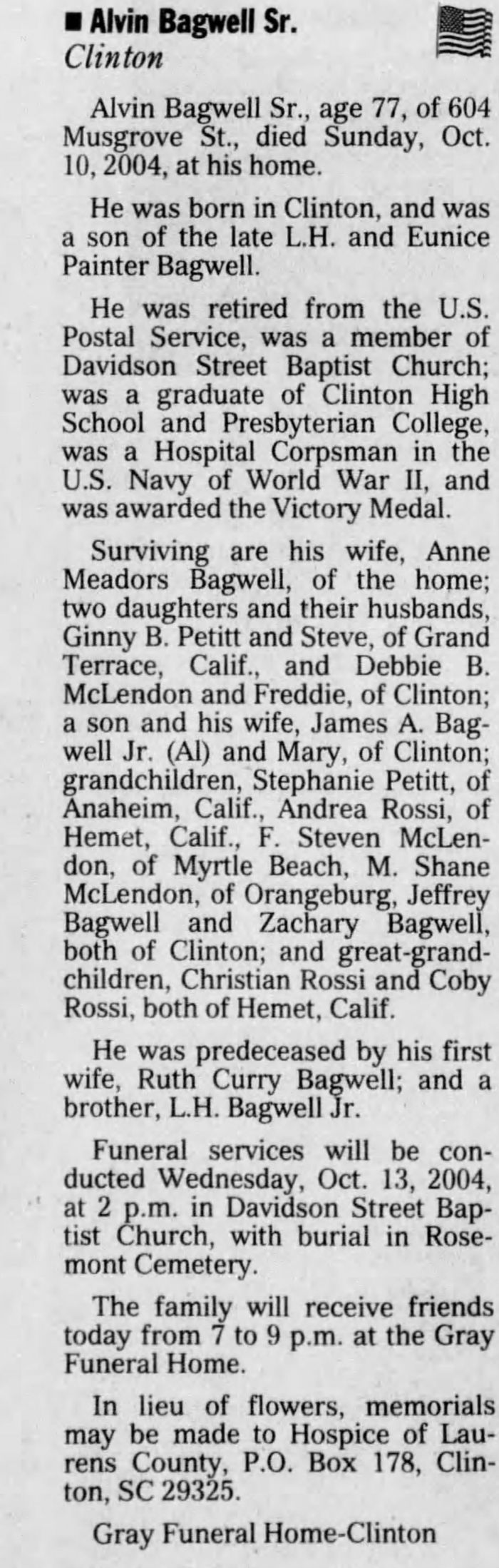 James Alvin Painter Bagwell - Obituary
The Greenville News - October 12, 2004 - Page 18