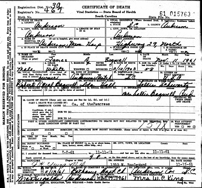 James Austin Bagwell - 1903 to 1961
Certificate of Death - State of South Carolina