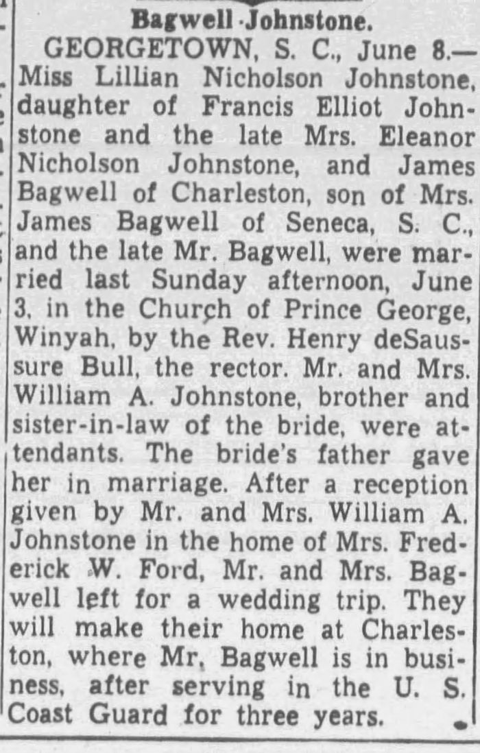 James Broadus Bagwell and Lillian Johnstone - Marriage Annoucement
The Charlotte Observer - June 09, 1946 - Page 36