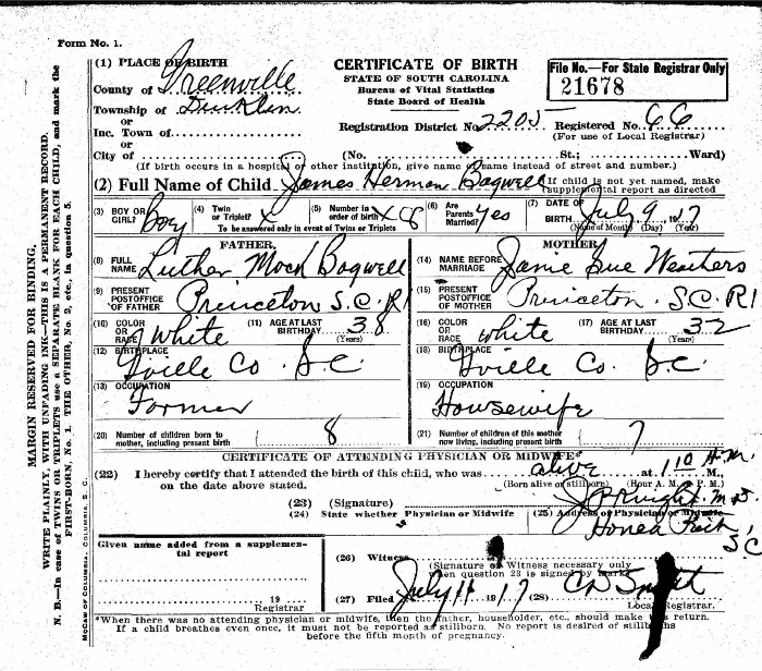 James Herman Bagwell - 1917 to 1987
Certificate of Birth - State of South Carolina