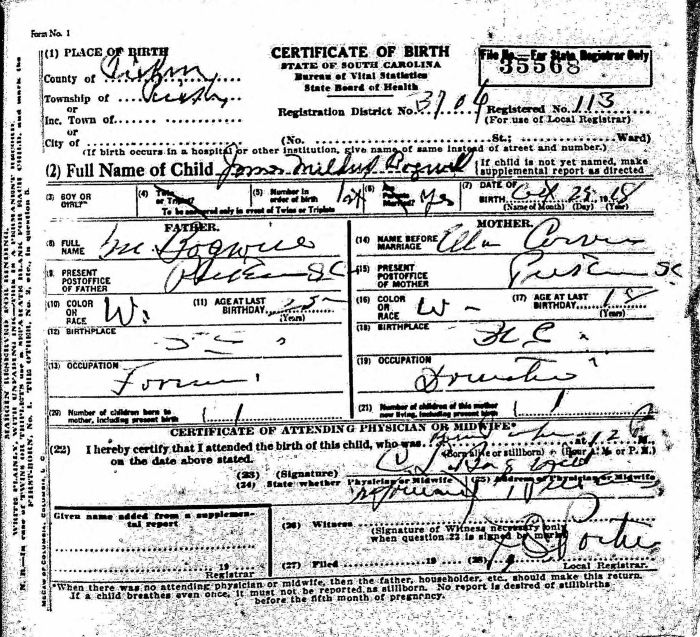 James Millard Bagwell - 1918 to 1980
Certificate of Birth - State of South Carolina