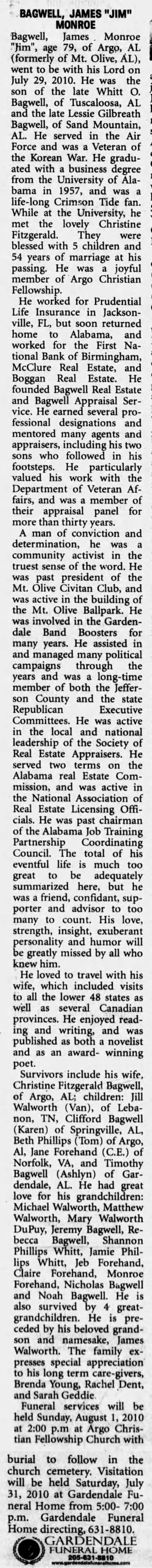 James Monroe Bagwell - Obituary
The Birmingham News - July 31, 2010 - Page 09
