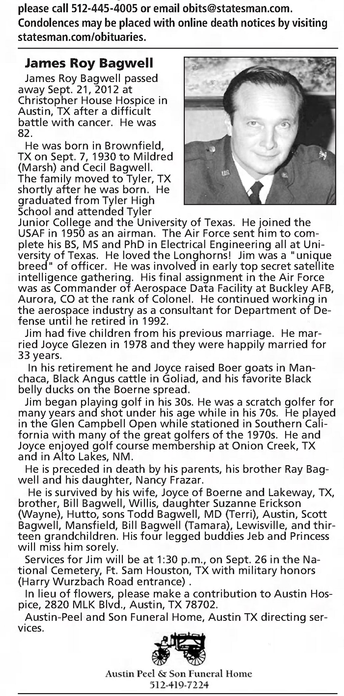 James Roy Bagwell - Obituary
Austin American Statesman - September 23, 2012 - Page B4