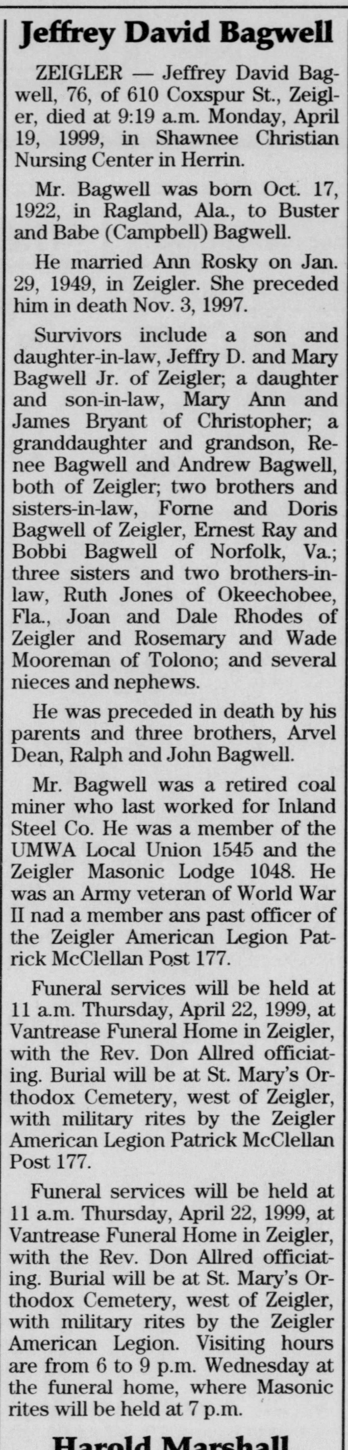 Jeffry David Bagwel - Obituary
Southern Illinoisan - APril 20, 1999 - Page 09