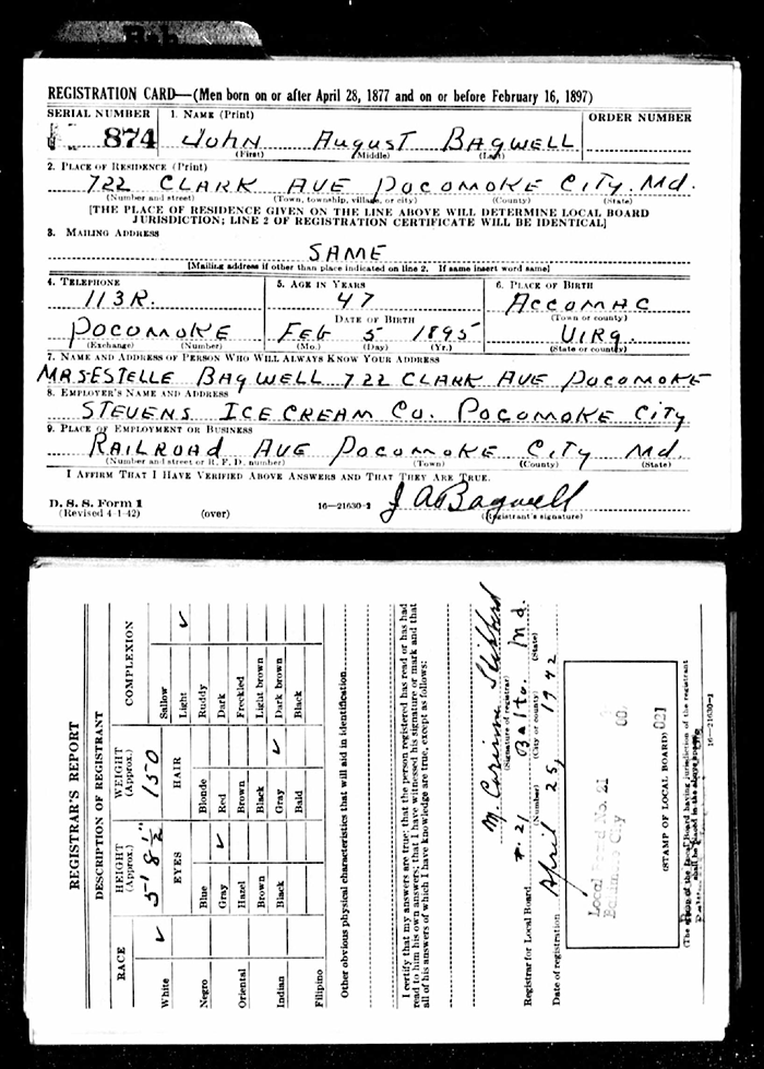 John Augusta Bagwell - 1895 to 1948
WWII Registration Card
