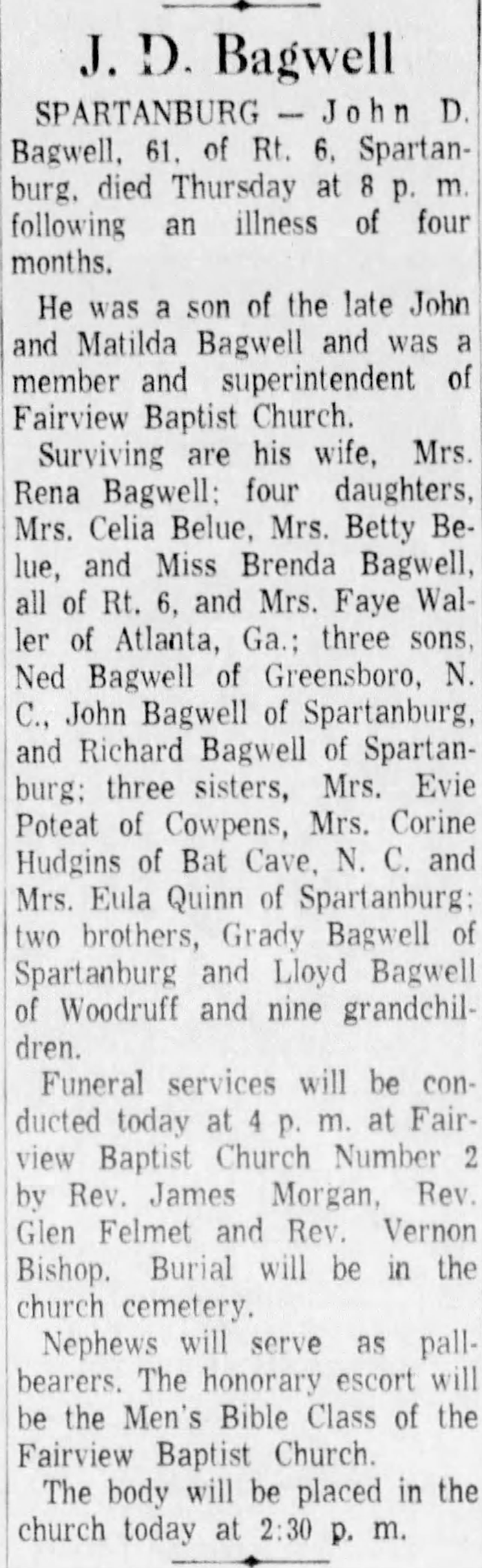 John Doyce Bagwell - Obituary
The Greenville News - August 18, 1962 - Page 08