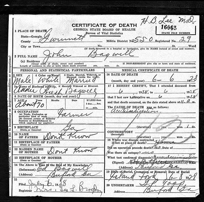 John Elijah Bagwell - 1853 to 1928
Certificate of Death - State of Georgia