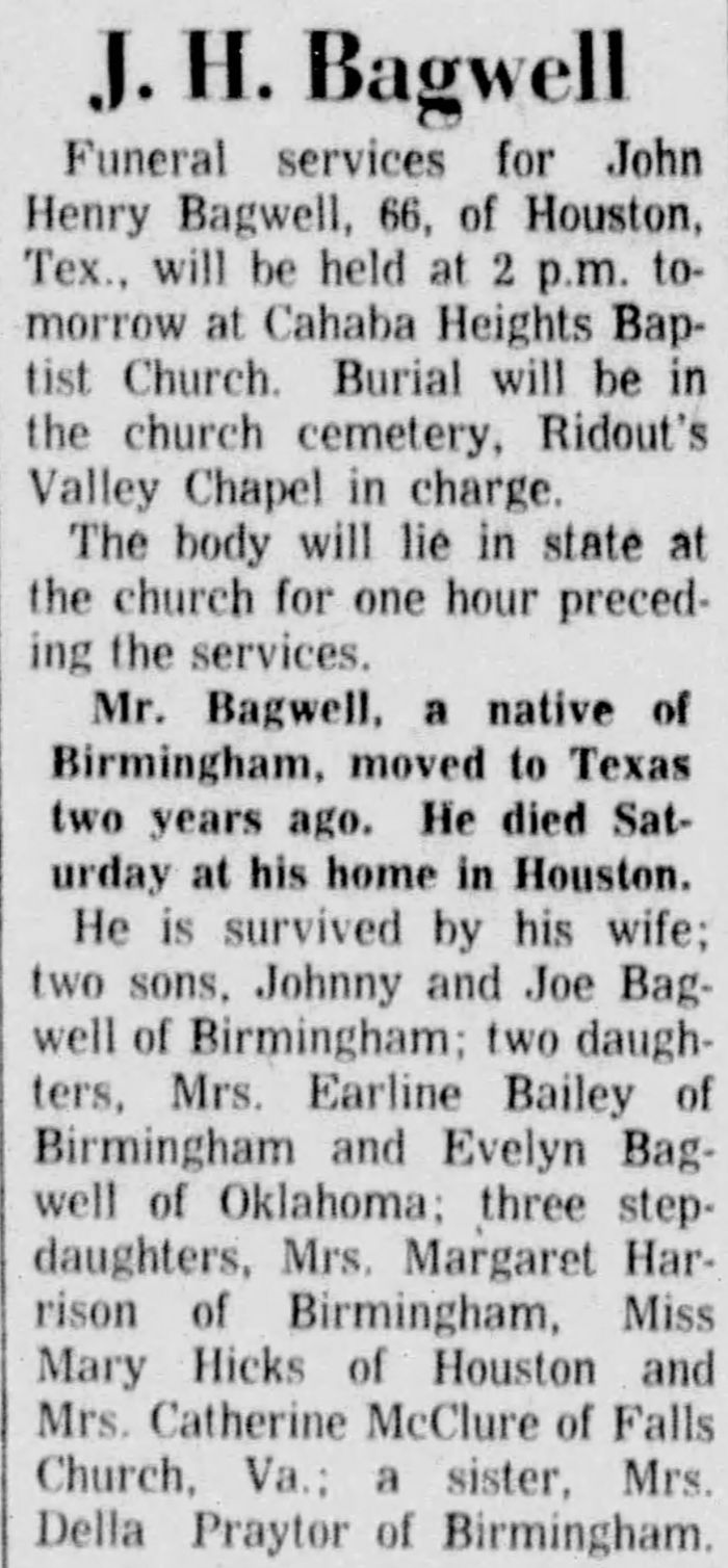 John Henry Bagwell - Obituary
The Birmingham News - May 16, 1961 - Page 28