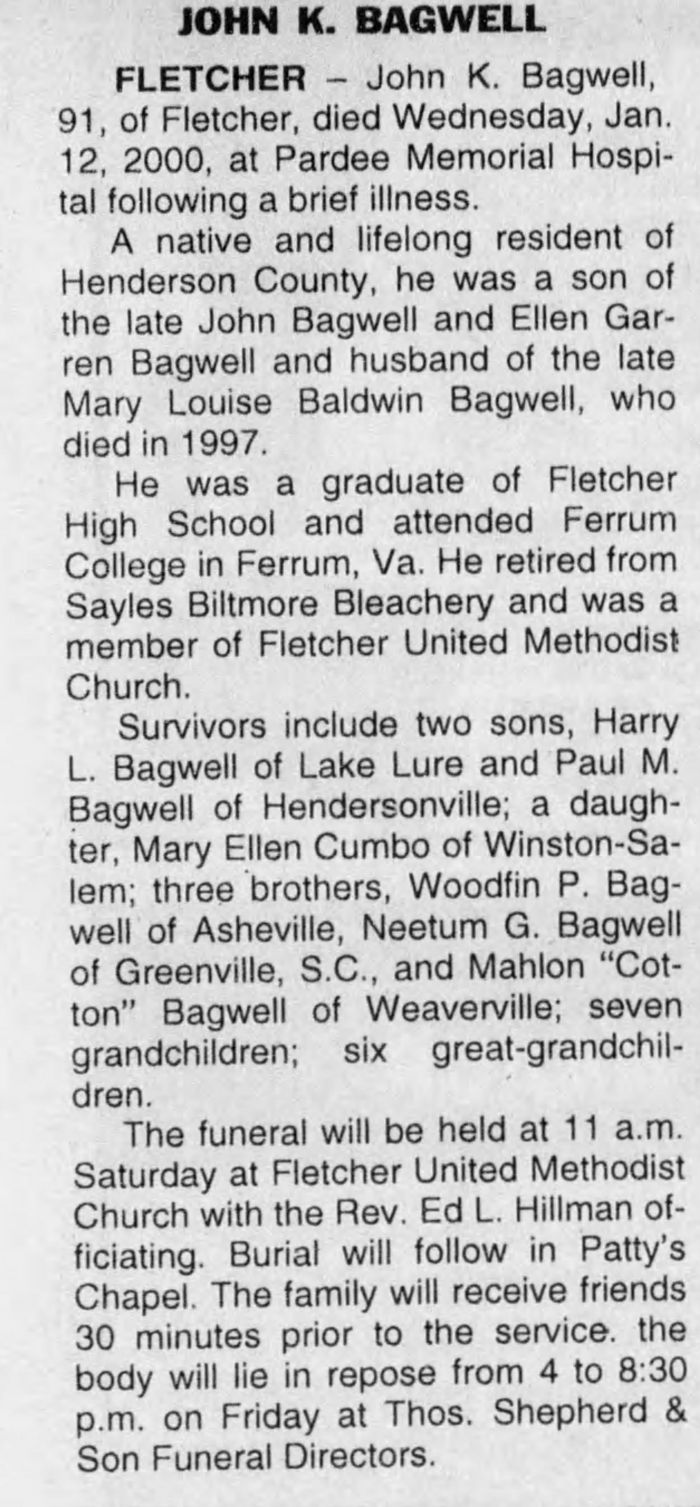 John Kern Bagwell - Obituary
Asheville Citizen Times - January 14, 2000 - Page 13