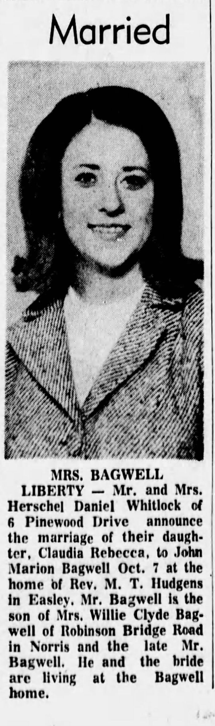 John Marion Bagwell and Claudia Whitlock - Marriage Annoucement
The Greenville News - November 07, 1967 - Page 11