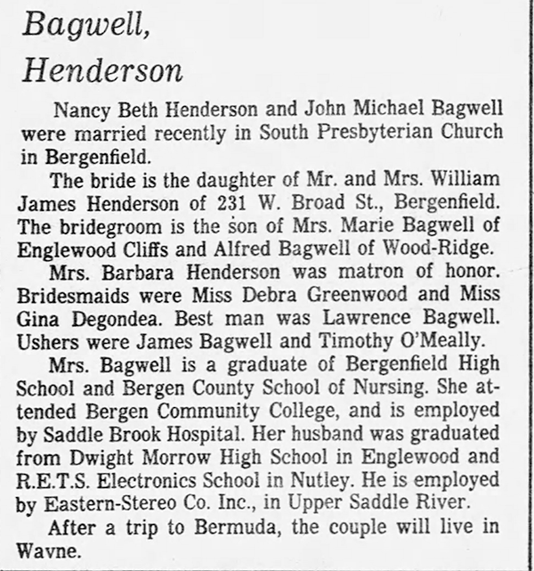 John Michael Bagwell and Nancy Henderson - Marriage Annoucement
The Record (Bergen/Passiaic/Hudson Counties, new Jersey) - May 06, 1979 - Page 80