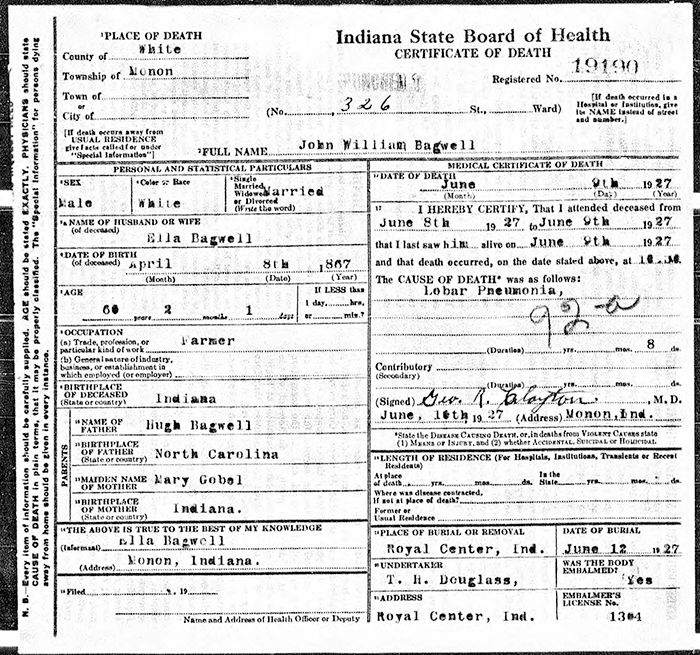 John William Bagwell - 1866 to 1927
Certificate of Death - State of Indiana