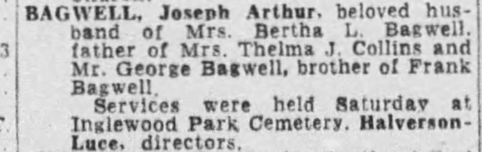 Joseph Arthur Bagwell - Obituary
The Los Angeles Times - September 05, 1954 - Page 63