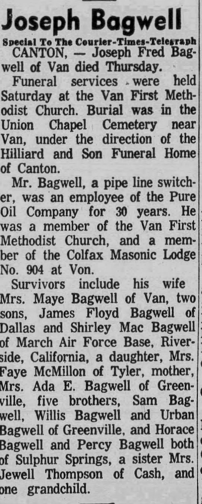 Joseph Frederick Bagwell - Obituary
The Tyler Courier Times - May 03, 1959 - Page 14