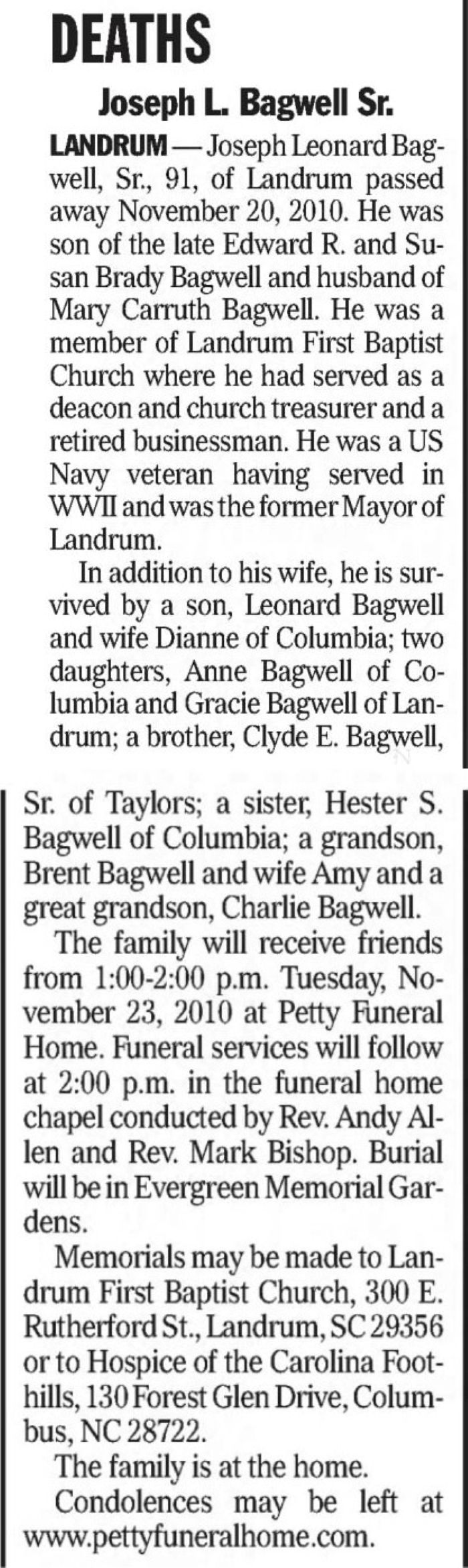 Joseph Leonard Bagwell - Obituary
The State - November 22, 2010 - Page A8
