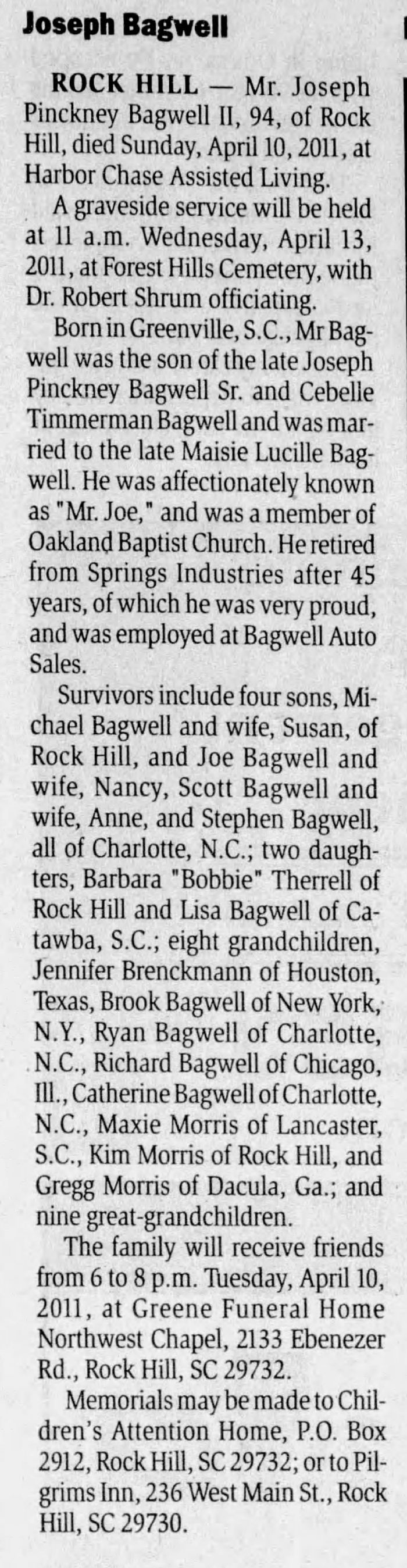 Joseph Pinckney Bagwell - Obituary
The Herald - April 11, 2011 - Page 03