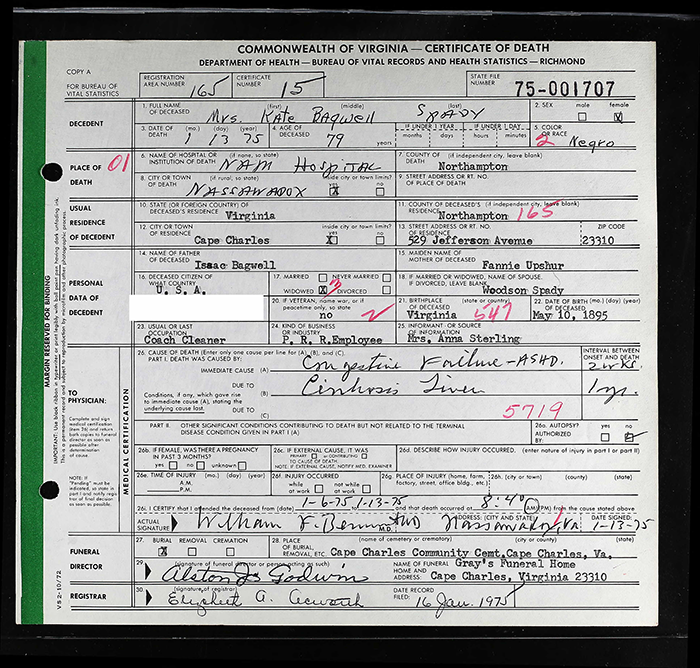 Katherine (Bagwell) Spady - 1896 to1975
Certificate of Death - Commonwealth of Virginia