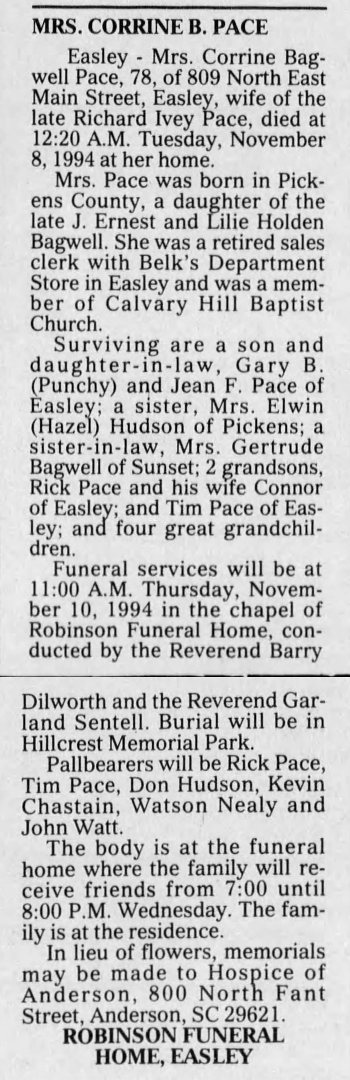 Kathryn Corrine (Bagwell) Pace - Obituary
The Greenville News - November 09, 1994 - Page 34