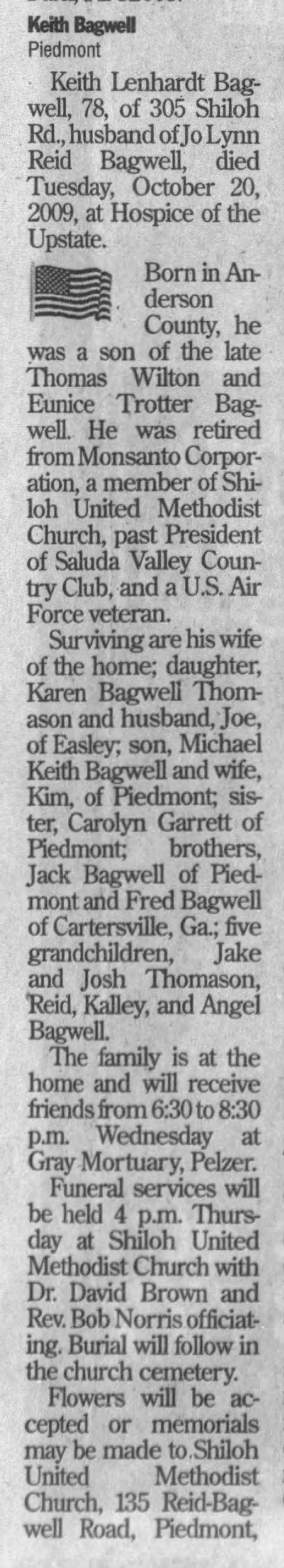 Keith Lenhardt Bagwell - Obituary
The Greenville News - October 21, 2009 - Page 14