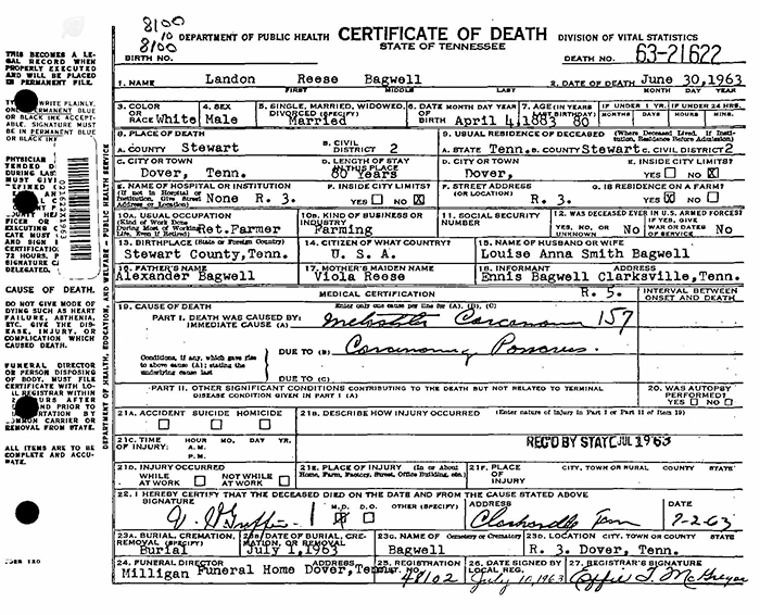 Landon Reese Bagwell - 1883 to 1963
Certificate of Death - State of Tennessee