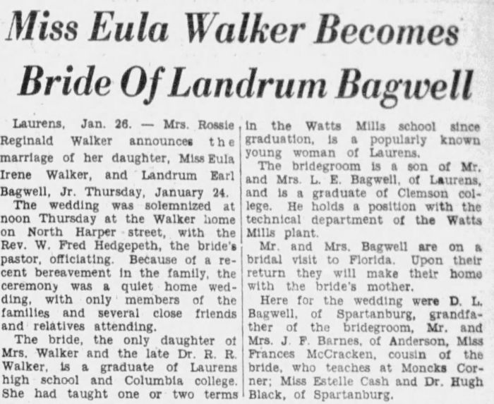 Landrum Earle Bagwell and Eula Irene Walker - Marriage Annoucement
The Charlotte News - January 27, 1935 - Page 29