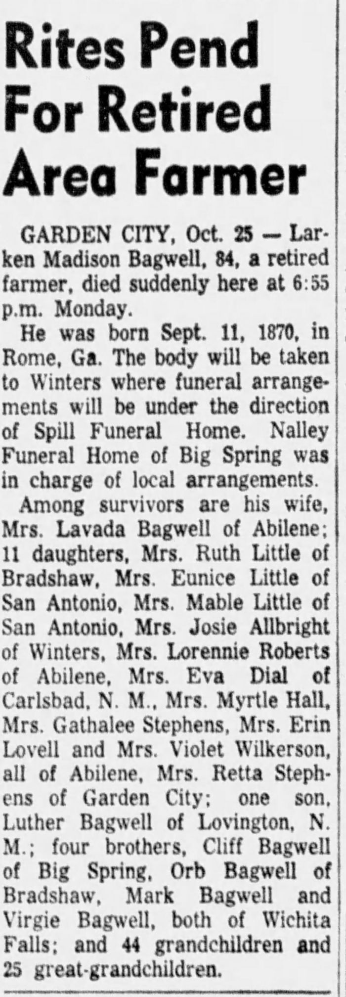 Larkin Madison Bagwell - Obituary
Standard Times - October 26, 1954 - Page 09