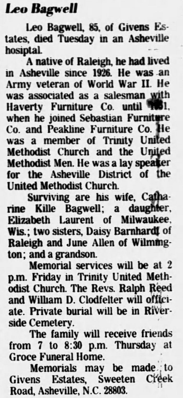 Leo Hardy Bagwell - Obituary
Asheville Citizen Times - November 15, 1990 - Page 15
