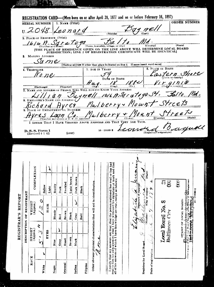 Leonard Bagwell - 1882 to 1948
WWII Registration Card