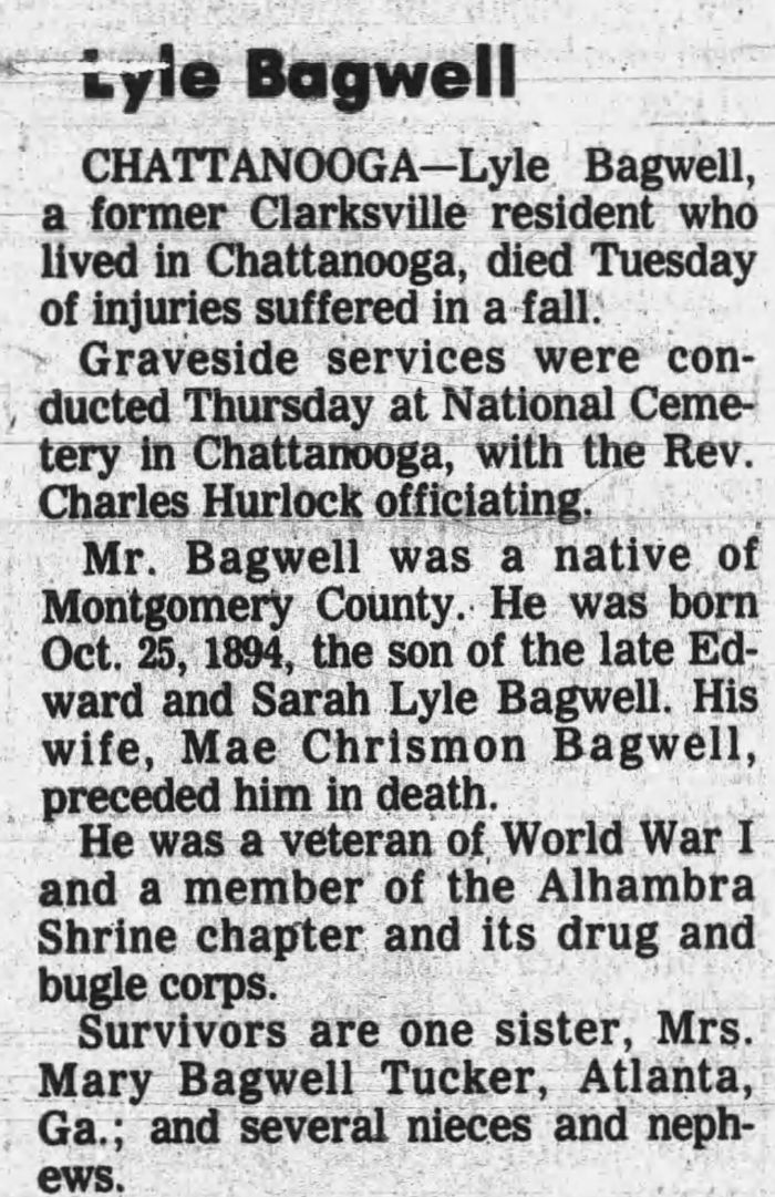 Lyle Bagwell - Obituary
The Leaf Chronicle - January 16, 1981 - Page 10
