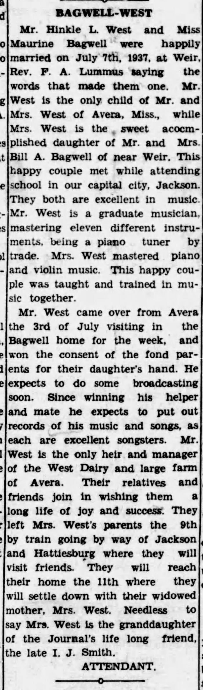 Margaret Maurine Bagwell and Hinkle West - Marriage Annoucement
The Winston County Journal - July 16, 1937 - Page 04