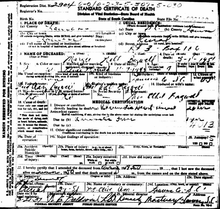 Margie Nell Bagwell - 1944 to 1951
Certificate of Death - State of South Carolina
