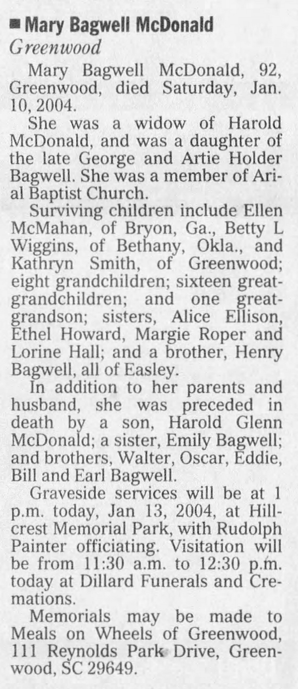 Mary (Bagwell) McDonald - Obituary
The Greenville News (Greenville, South Carolina) - January 13, 2004 - Page 28