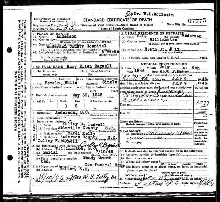 Mary Ellen Bagwell - 1946 to 1946
Certificate of Death - State of South Carolina