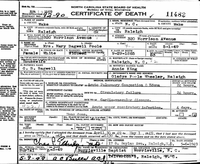 Mary Leonard (Bagwell) Poole - 1865 to 1949
Certificate of Death - State of North Carolina