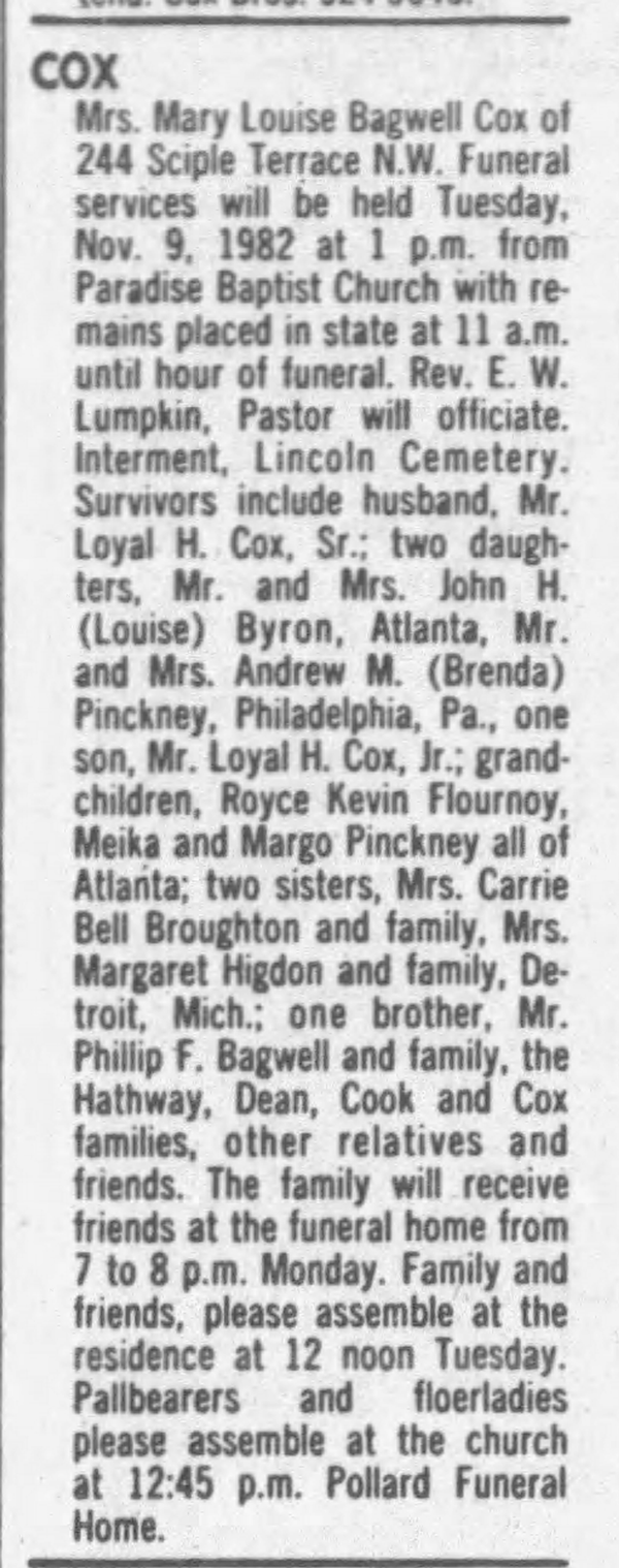 Mary Louise (Bagwell) Cox - Obituary
The Atlanta Constitution (Atlanta, Georgia) - November 8, 1982 - Page 31