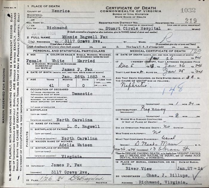 Minnie Myrtle (Bagwell) Fox - 1883 to 1924
Certificate of Death - Commonwealth of Virginia