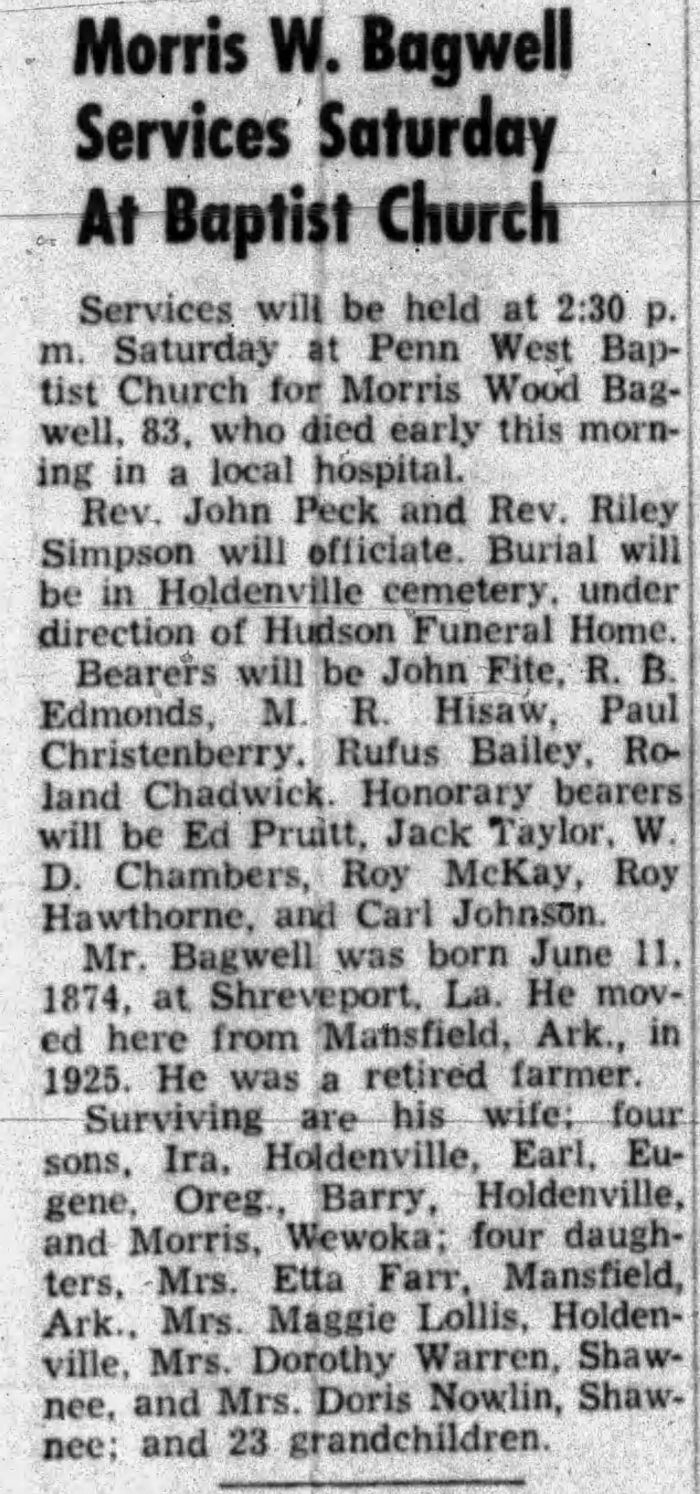 Morris Woodrow Bagwell - Obituary
Holdenville Daily News - July 25, 1957 - Page 01