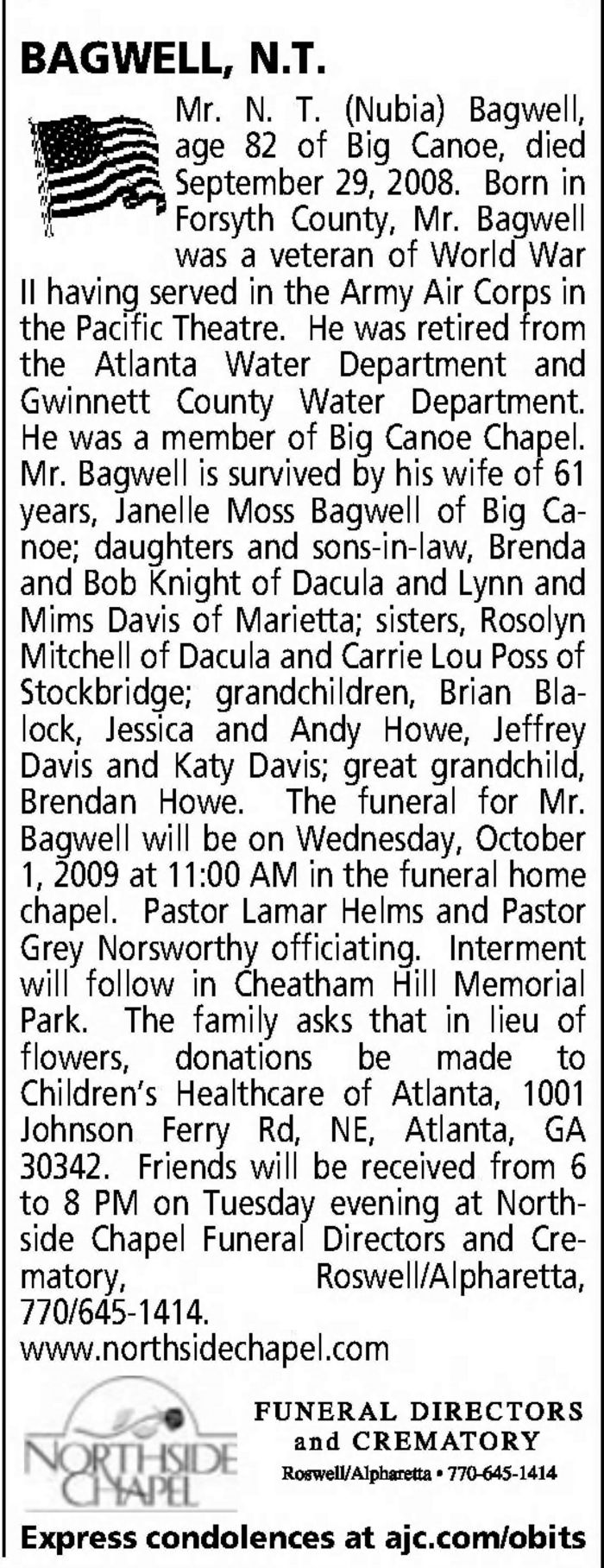 Newton Thomas Bagwell - Obituary
The Atlanta Constitution - September 30, 2008 - Page B6