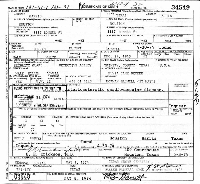 Norris Elbert Bagwell - 1910 to 1974
Certificate of Death - State of Texas