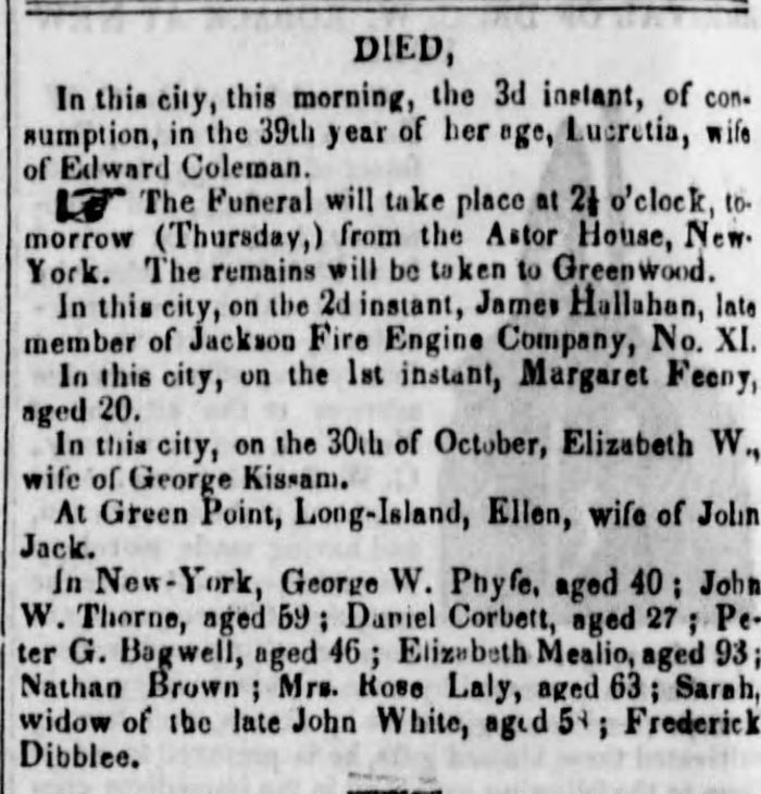 Peter James Bagwell - Obituary
Brooklyn Evening Star - November 03, 1852 - Page 02