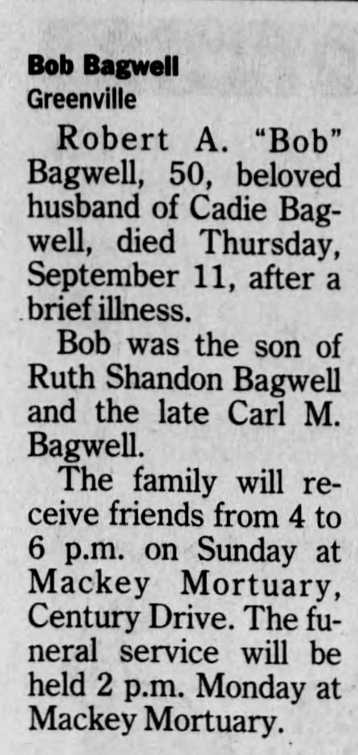 Robert Allen Bagwell - Obituary
The Greenville News - September 13, 2008 - Page 19