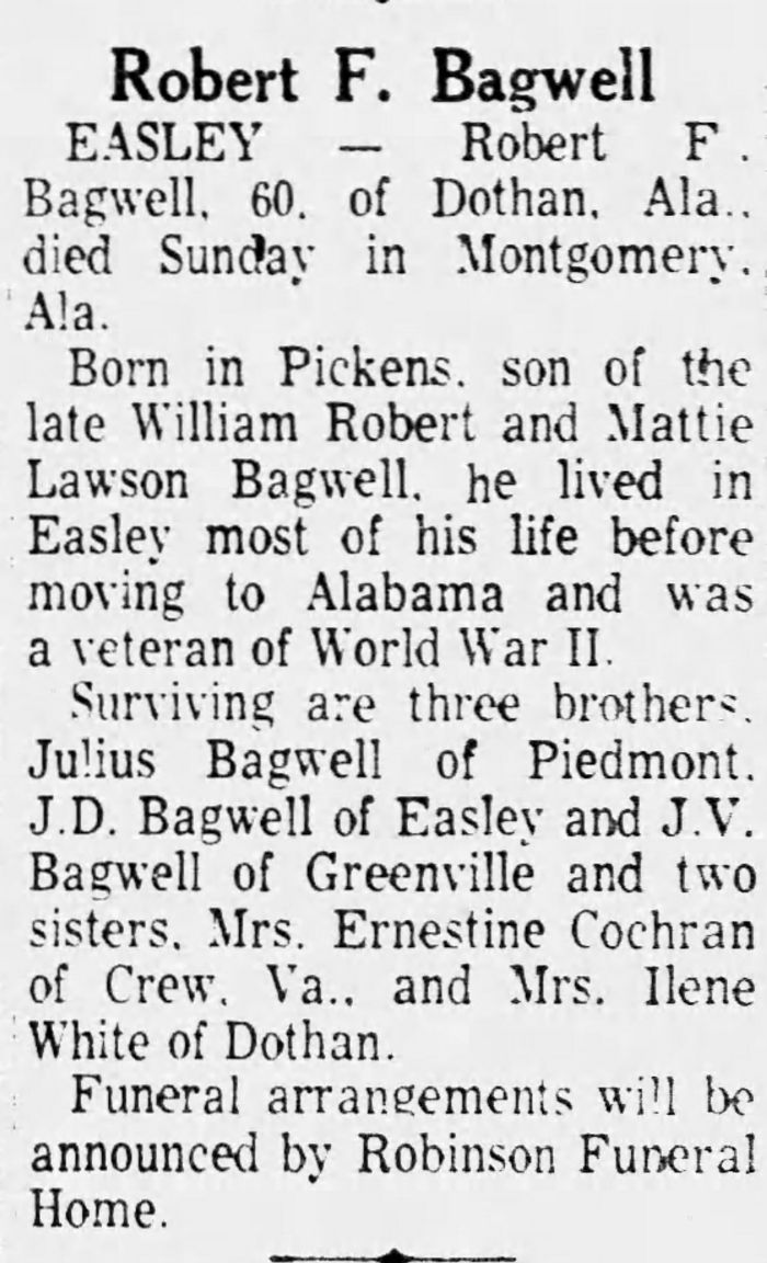 Robert Fletcher Bagwell - Obituary
The Greenville News - January 04, 1971 - Page 20