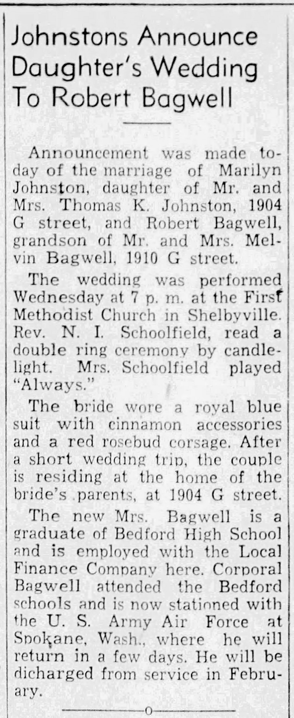 Robert Lee Bagwell and Marilyn Johnston - Marriage Annoucement
The Bedford Daily Times Mail - January 6, 1950 - Page 03