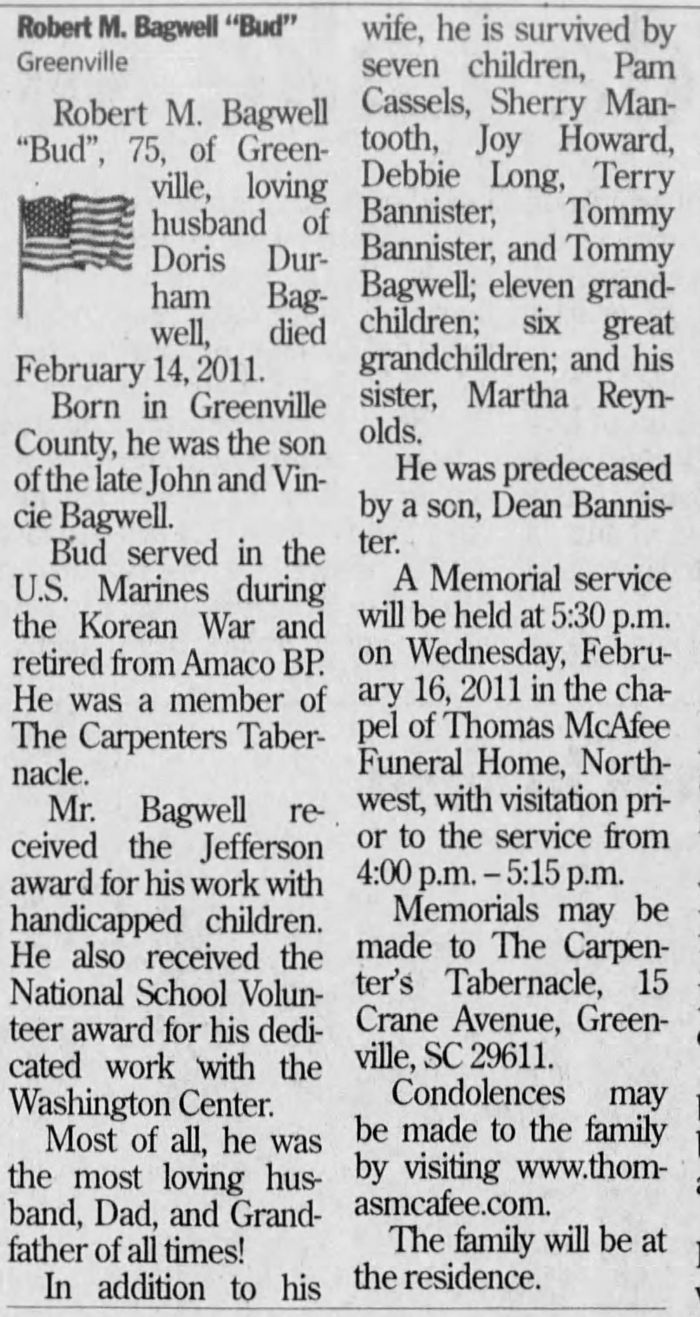 Robert Mervin Bagwell - Obituary
The Greenville News - February 15, 2011 - Page 04