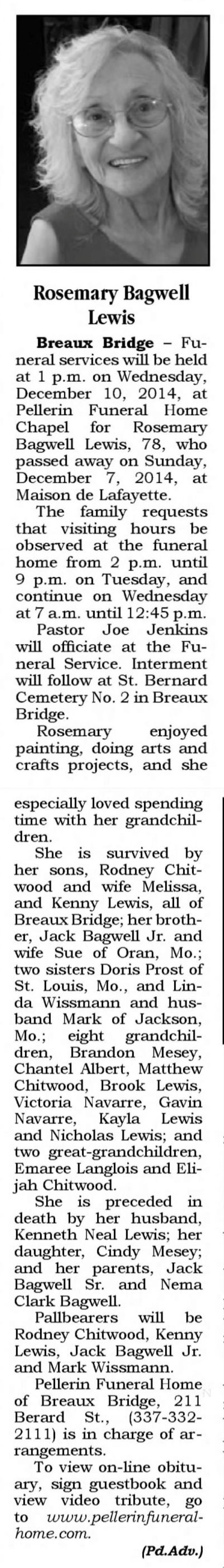 Rosemary (Bagwell) Lewis - Obituary
Teche News - December 10, 2014 - Page 03